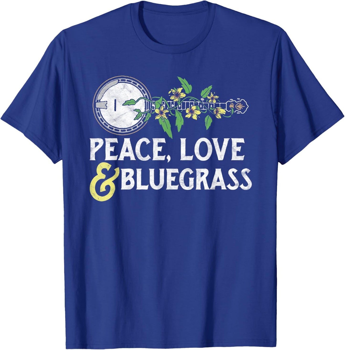 Peace , Love & Bluegrass - Banjo Nature Vines Illustration T-Shirt - T-Shirt | Royal