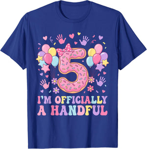 5th Birthday Girls I'm Officially A Handful Five Pink Bow T-Shirt - T-Shirt | Royal