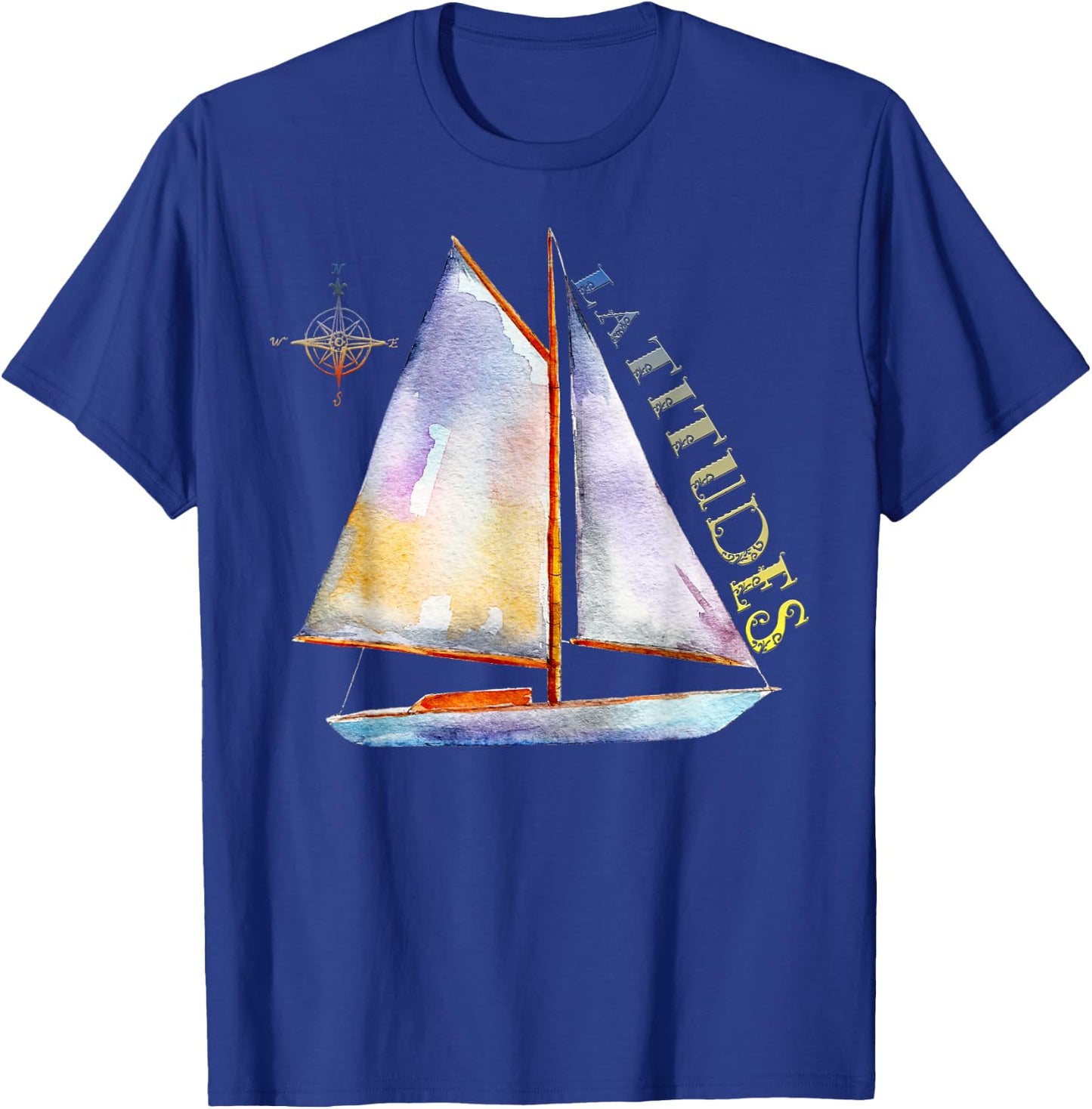 Watercolor Sailboat with Compass and LATITUDES Sailing T-Shirt - T-Shirt | Royal