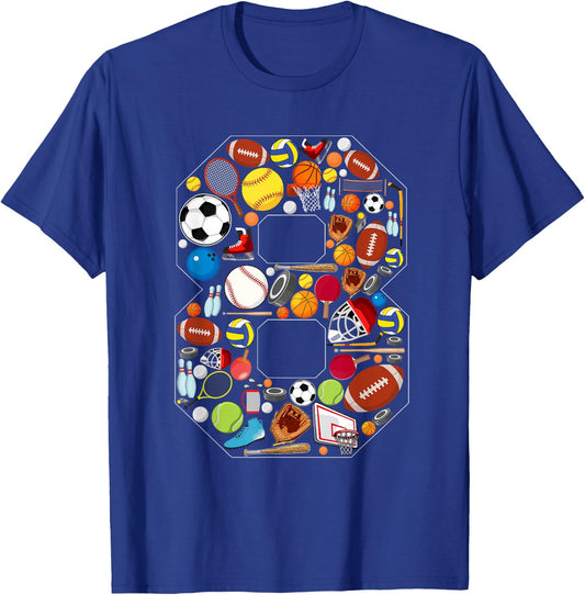 8th Birthday Sports Theme 8 Year Old Boy Girl Birthday T-Shirt - T-Shirt | Royal