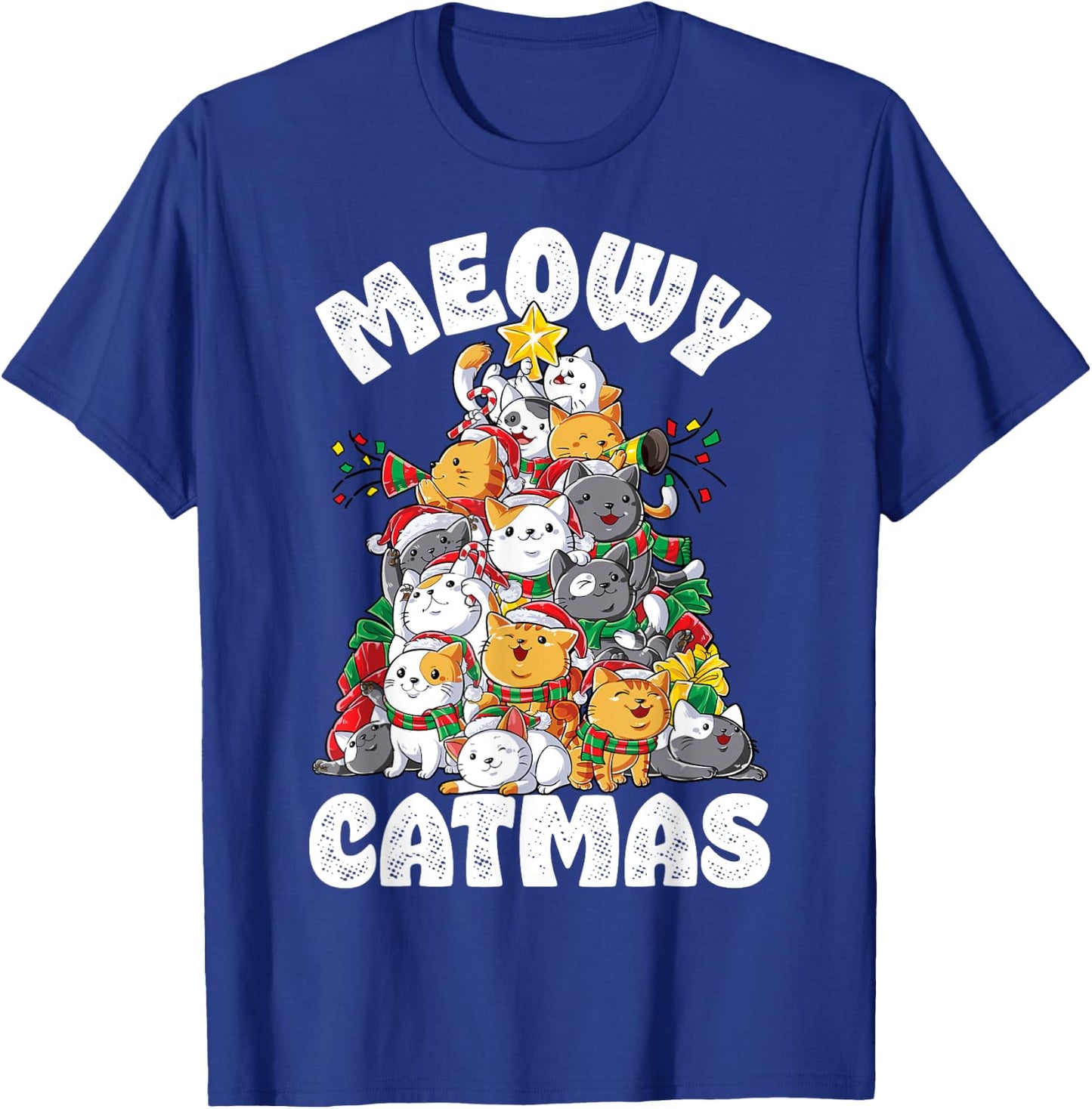 Meowy Catmas Cat Christmas Tree Xmas Girls Boys Funny Santa Short Sleeve T-Shirt - T-Shirt | Royal