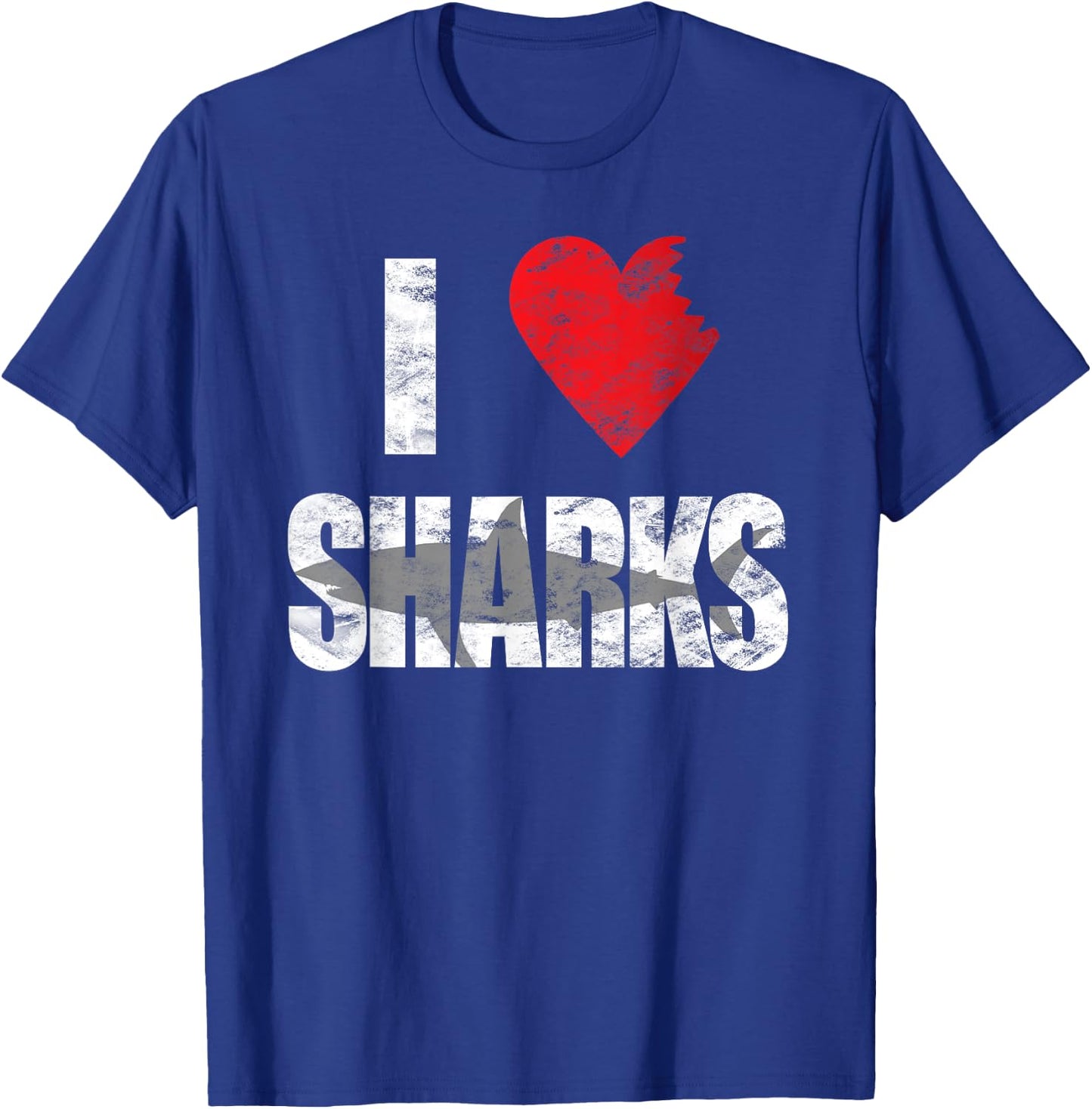 I Love Sharks Cool Shark Bite Heart Distressed T-Shirt - T-Shirt | Royal