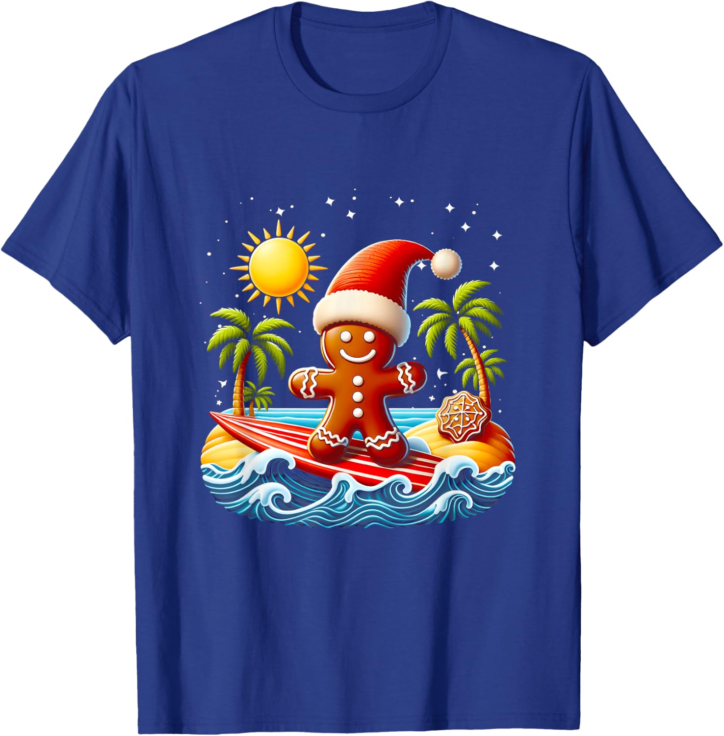 Gingerbread Surfing Christmas Gingerbread Beach Surfboard T-Shirt - T-Shirt | Royal