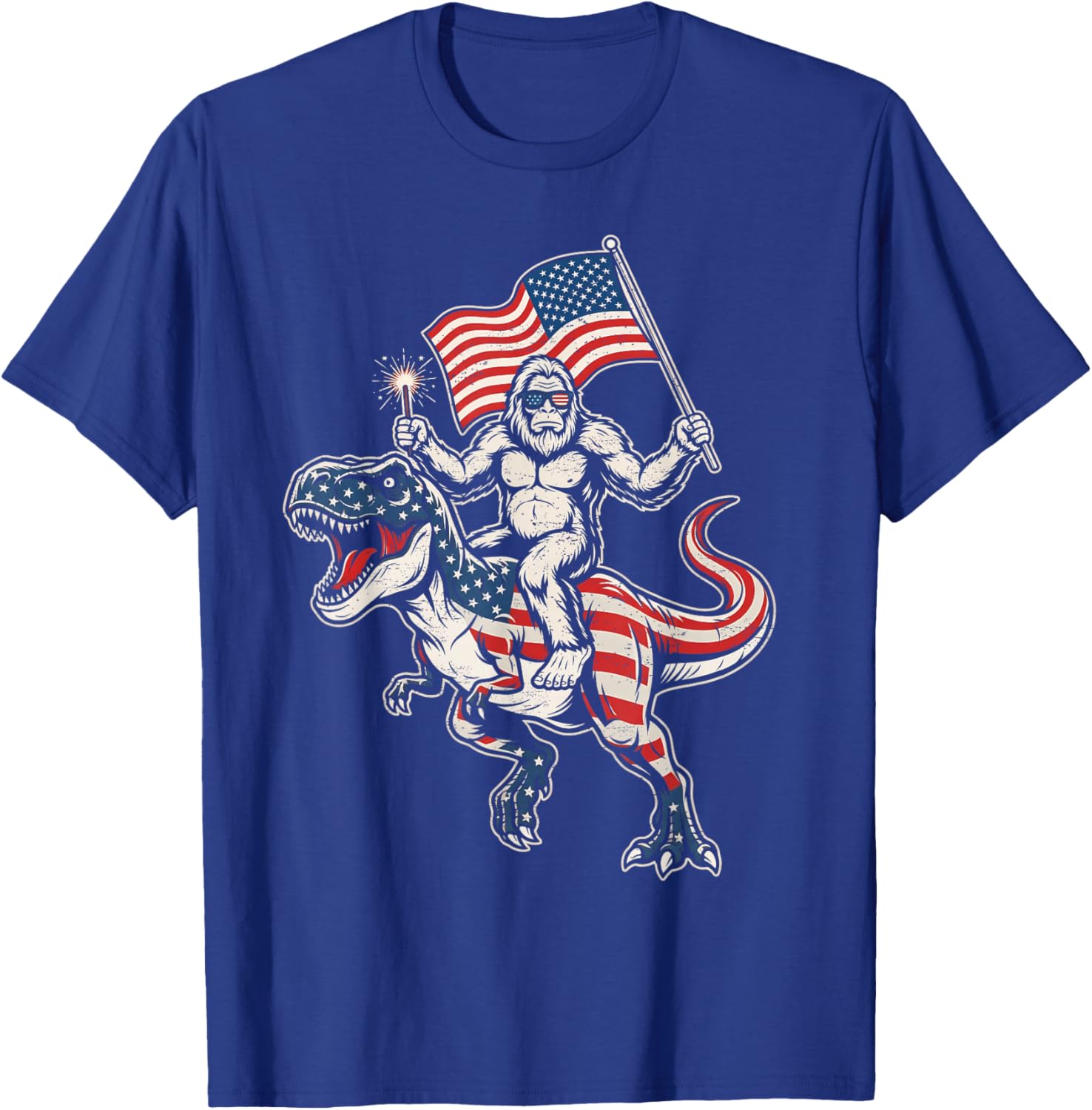 4th of July Patriotic Bigfoot Sasquatch Riding T-Rex T-Shirt - T-Shirt | Royal