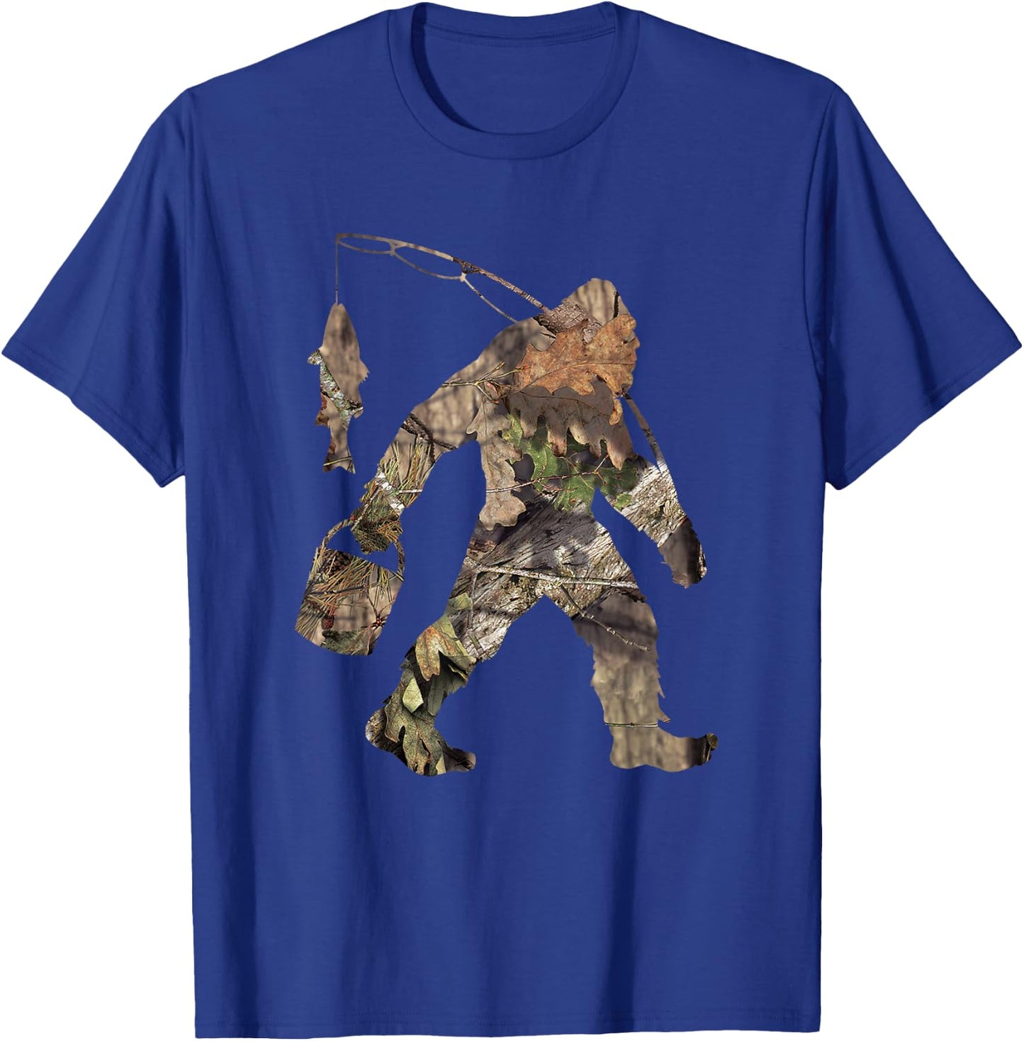 Fishing Bigfoot Carrying Fishing Pole Camo Sasquatch T-Shirt - T-Shirt | Royal