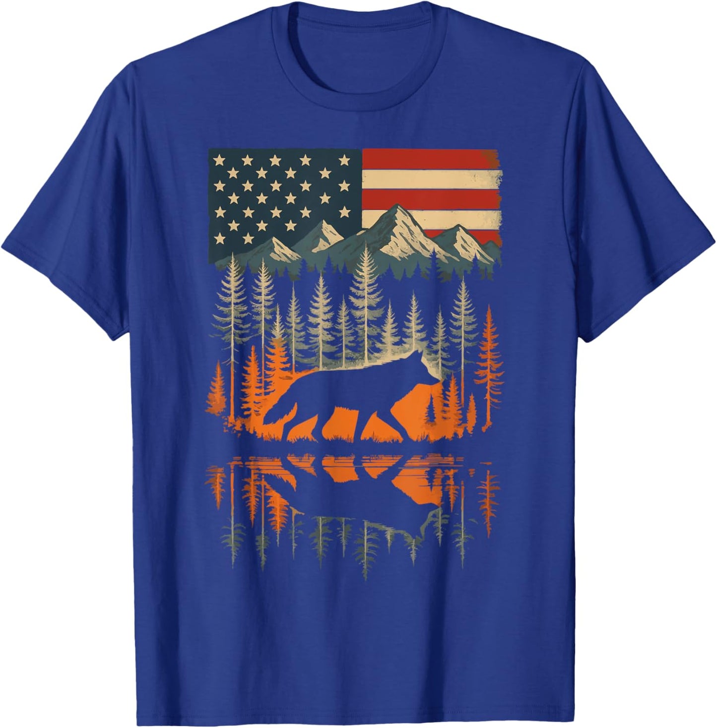Wolf USA Flag Mountain Outdoor Wildlife Retro T-Shirt - T-Shirt | Royal