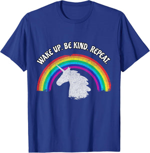 Wake Up Be Kind Repeat Kindness Rainbow Unicorn T Shirt T-Shirt - T-Shirt | Royal