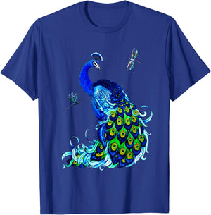 Blue Peacock and Dragonflies T-Shirt - T-Shirt | Royal