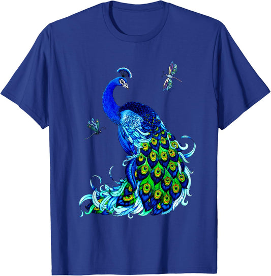 Blue Peacock and Dragonflies T-Shirt - T-Shirt | Royal