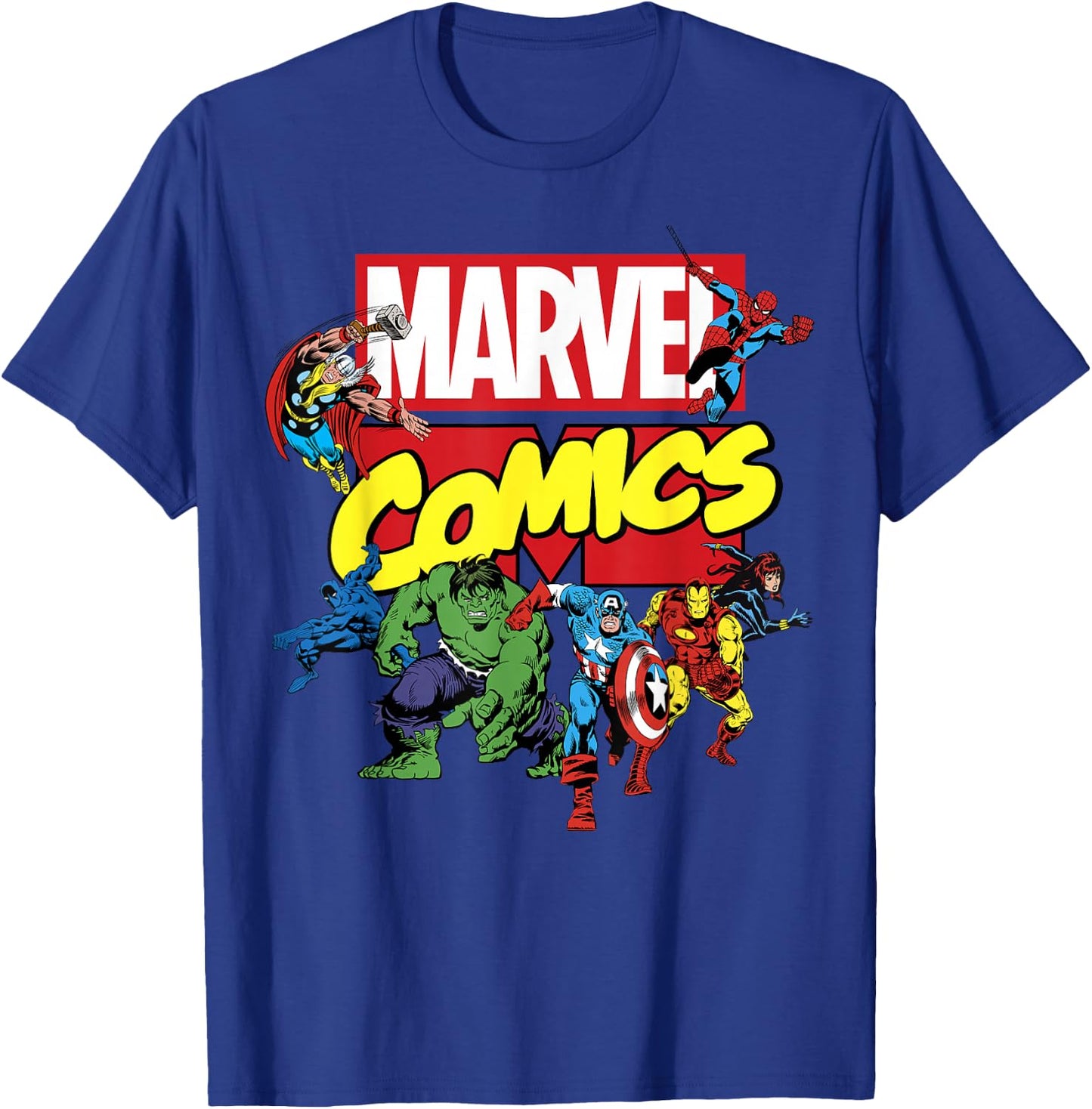 Marvel Exclusive Avengers Retro Comic Group Shot Logo T-Shirt - T-Shirt | Royal