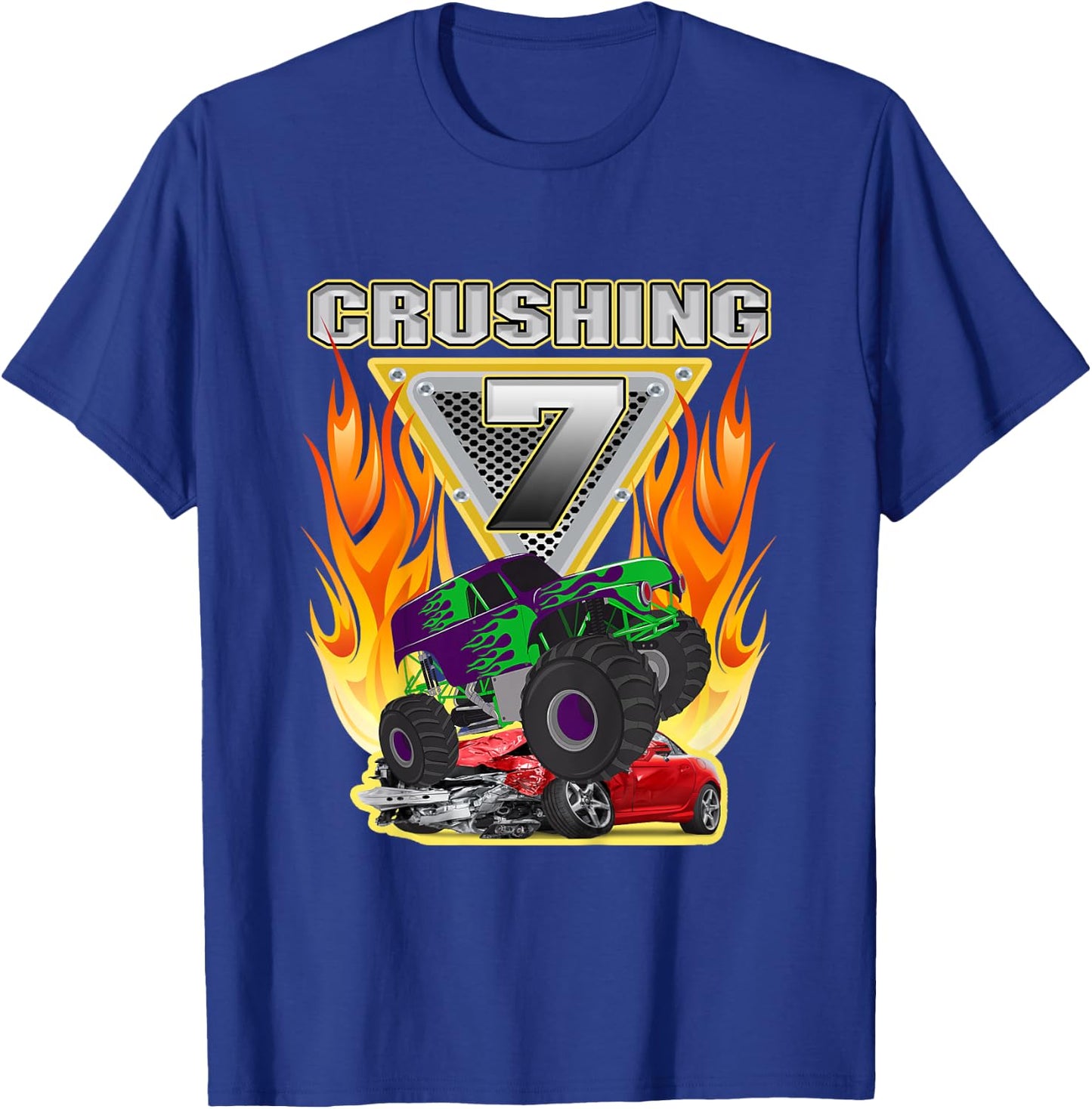 Monster Truck Crushing being Seven 7 Years Old 7th Birthday T-Shirt - T-Shirt | Royal