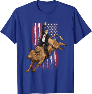 Rodeo Bull Rider Trump American Flag Cowboy Bull Riding T-Shirt - T-Shirt | Royal