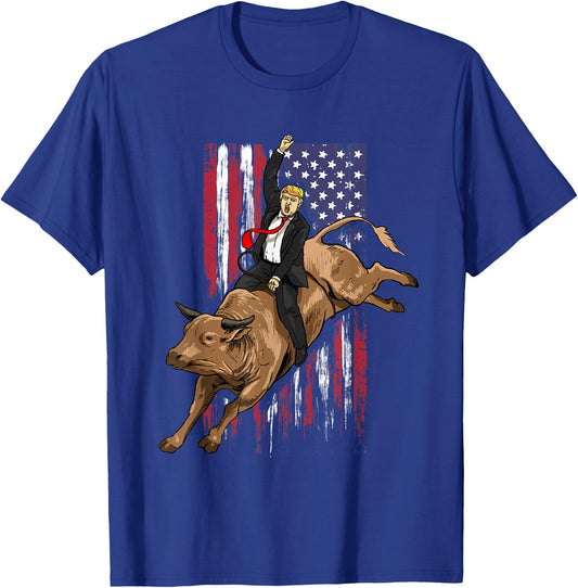 Rodeo Bull Rider Trump American Flag Cowboy Bull Riding T-Shirt - T-Shirt | Royal