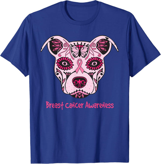 Sugar Pitbull Dog Breast Cancer Awareness Day Of The Dead Men Women Girls Kids T-Shirt - T-Shirt | Royal