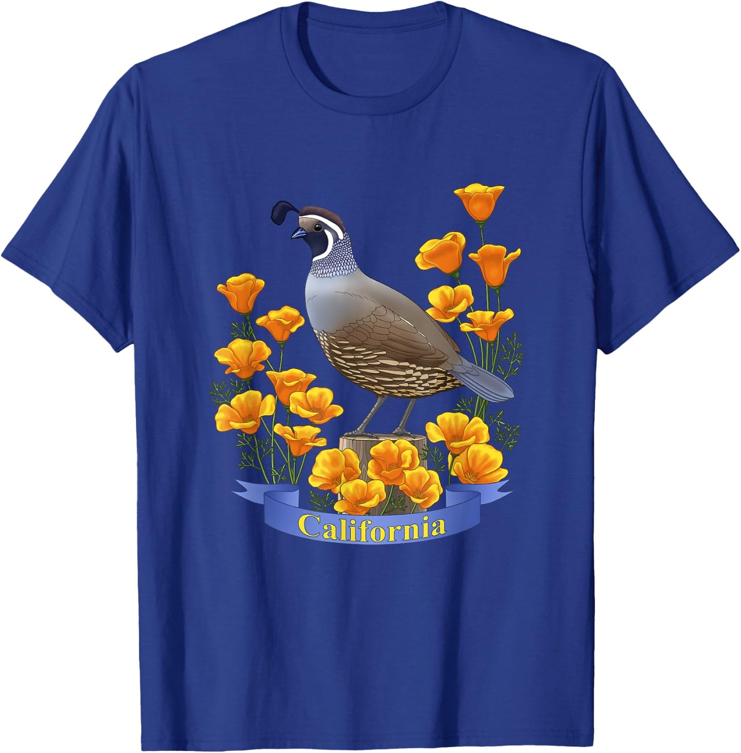 California Valley Quail State Bird & Golden Poppy Flowers T-Shirt - T-Shirt | Royal