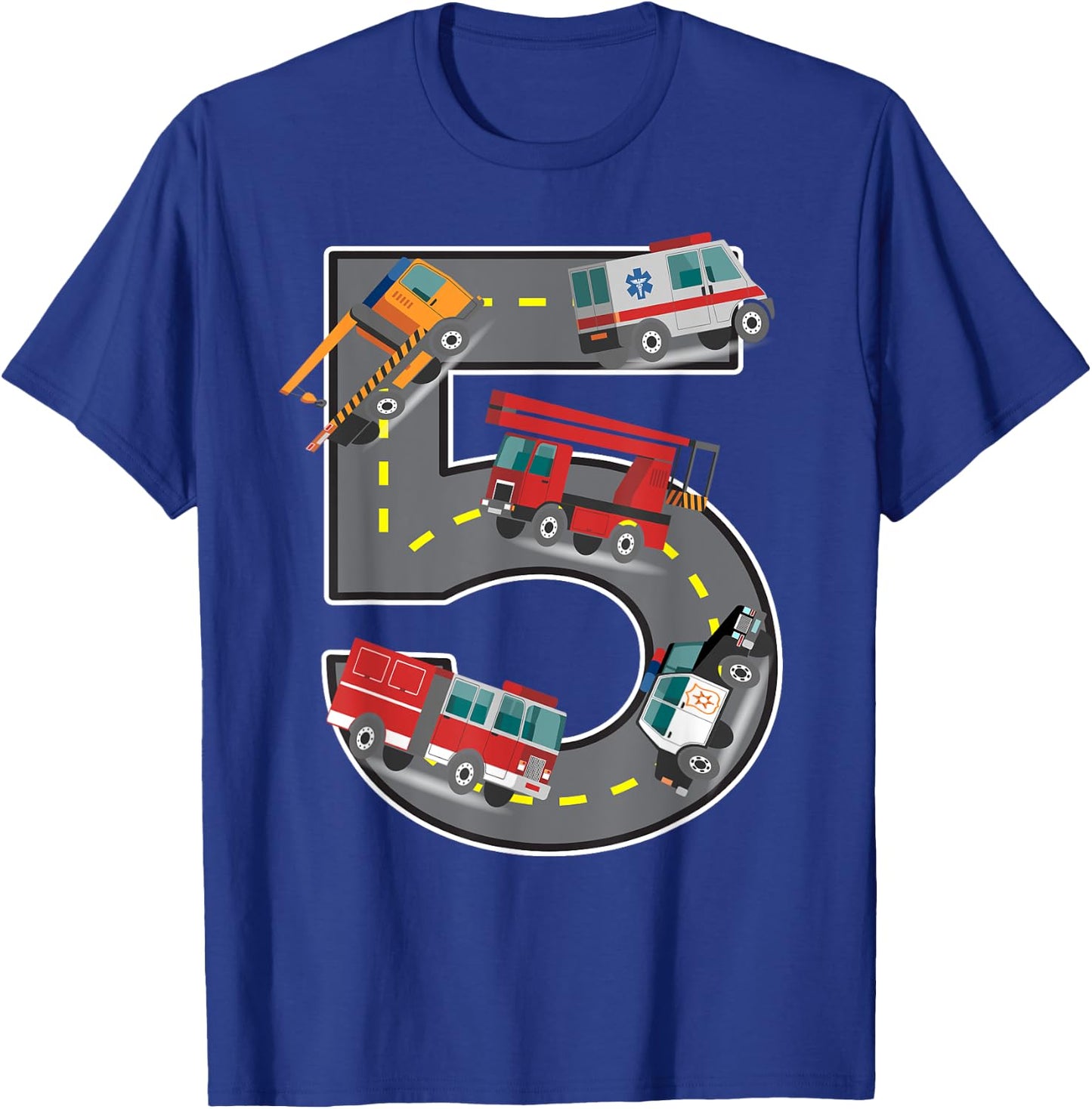 Five Year Old 5th Birthday Fire Truck Ambulance Police Car T-Shirt - T-Shirt | Royal
