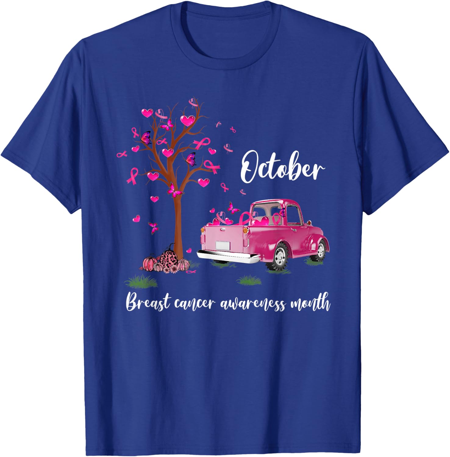 Pink Truck Pumpkin October Breast Cancer Awareness Month T-Shirt - T-Shirt | Royal