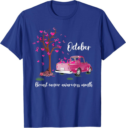 Pink Truck Pumpkin October Breast Cancer Awareness Month T-Shirt - T-Shirt | Royal