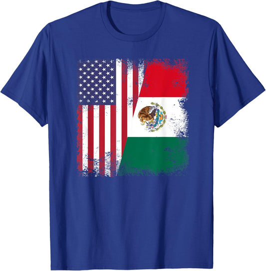 Half Mexican Flag | Vintage Mexico USA Gift T-Shirt - T-Shirt | Royal