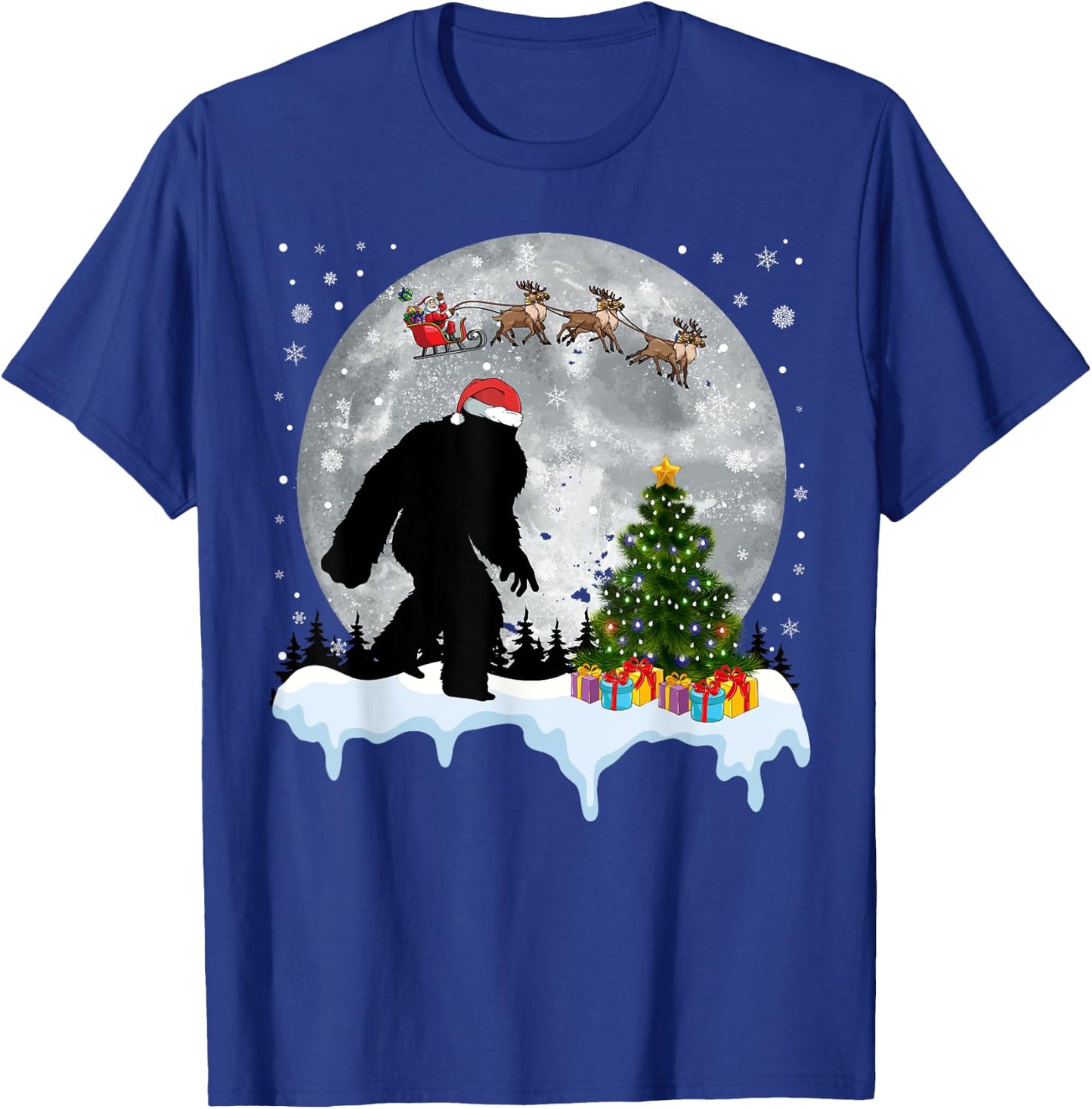 Christmas Bigfoot Santa Tree Sleigh Moon Reindeer Snow T-Shirt - T-Shirt | Royal