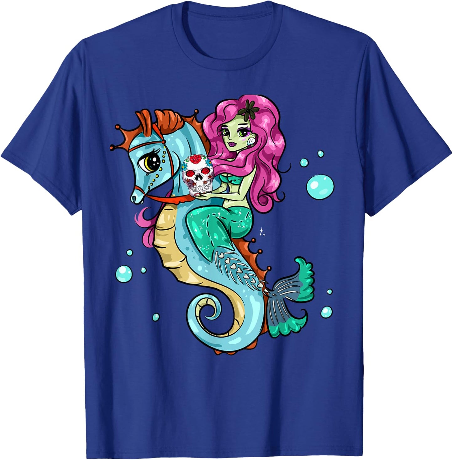 Halloween Skeleton Mermaid Sugar Skull Sea Horse T-Shirt - T-Shirt | Royal