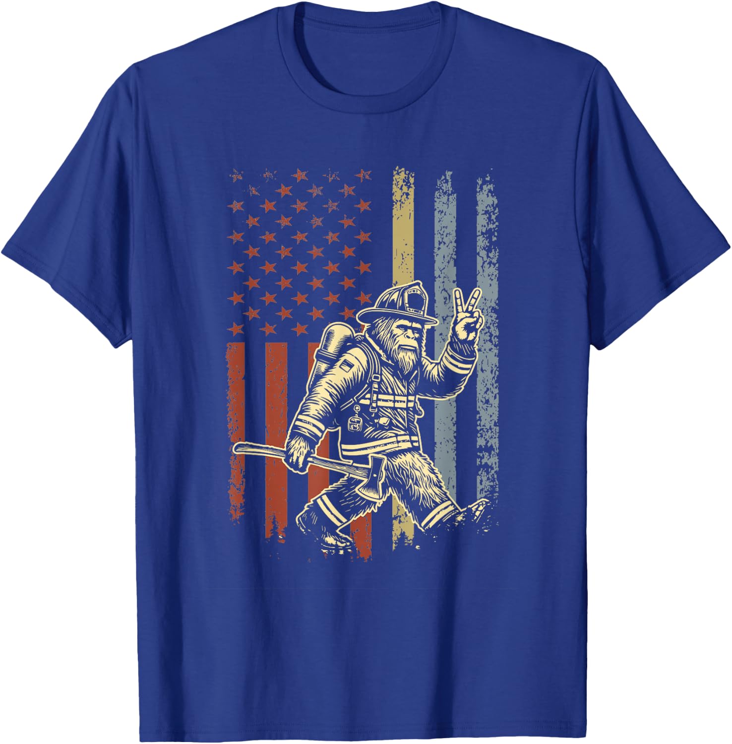 Retro American Flag Bigfoot Firefighter Sasquatch Fireman T-Shirt - T-Shirt | Royal