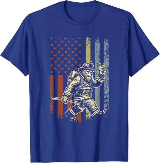 Retro American Flag Bigfoot Firefighter Sasquatch Fireman T-Shirt - T-Shirt | Royal