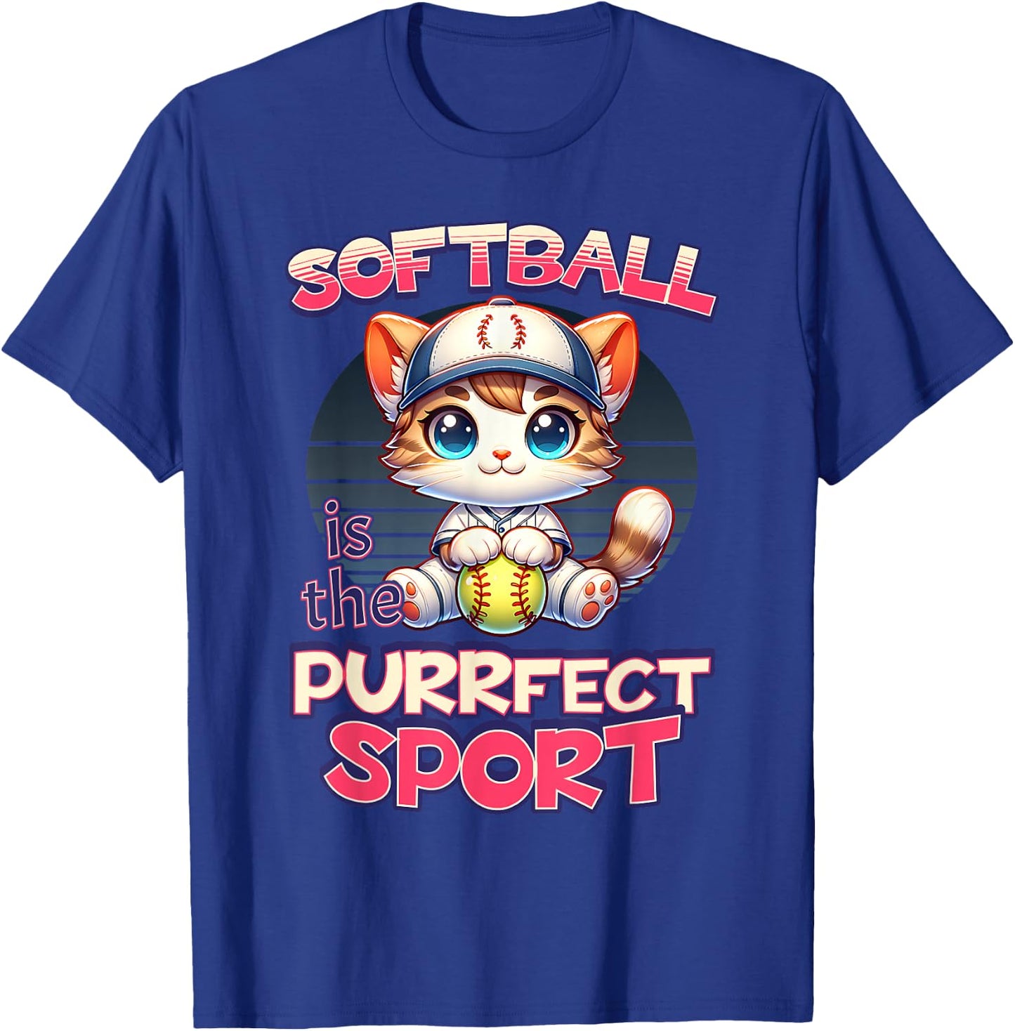 Softball is the Purrfect Sport Cute Kitty Cat Kitten Graphic Women Girls Kids T-Shirt - T-Shirt | Royal