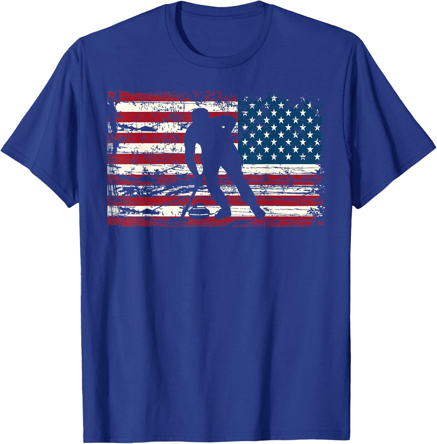 Curling American Flag USA Winter Sports Man Woman T-Shirt - T-Shirt | Royal