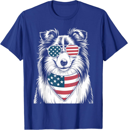 Shetland Sheepdog Dog USA Flag Patriotic 4th of July Men Women Kids T-Shirt - T-Shirt | Royal