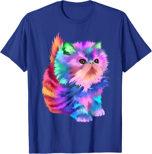 Starchild's Designs Women's Retro Rainbow Kitten Rave Psychedelic Cat T-Shirt - T-Shirt | Royal