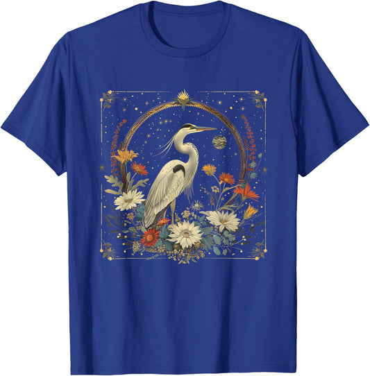 Cute Cottagecore Floral Celestial Heron Aesthetic Women Men T-Shirt - T-Shirt | Royal