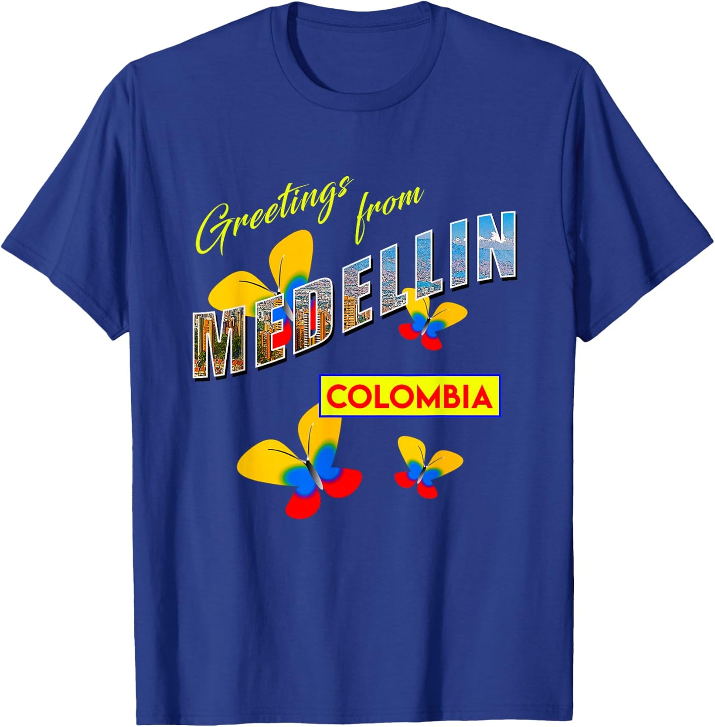 Greetings From Medellin Colombia Retro Postcard Style T-Shirt - T-Shirt | Royal