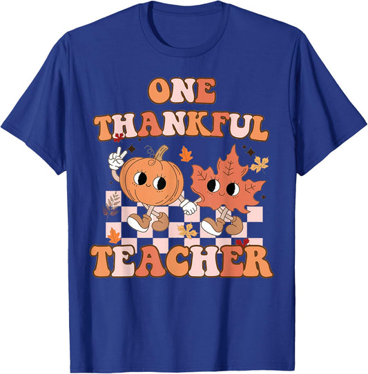 One Thankful Teacher Fall Leaves Thanksgiving Retro T-Shirt - T-Shirt | Royal