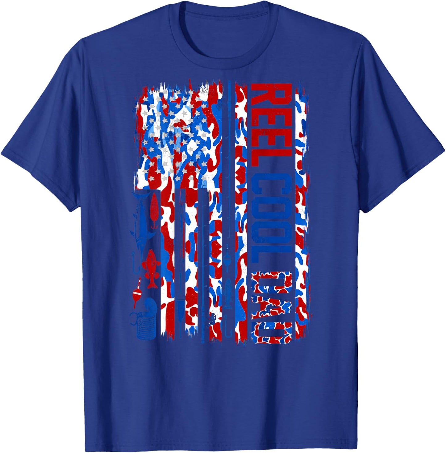 (ON Back) Patriotic Fisherman Reel Cool Dad Camo USA Flag T-Shirt - T-Shirt | Royal