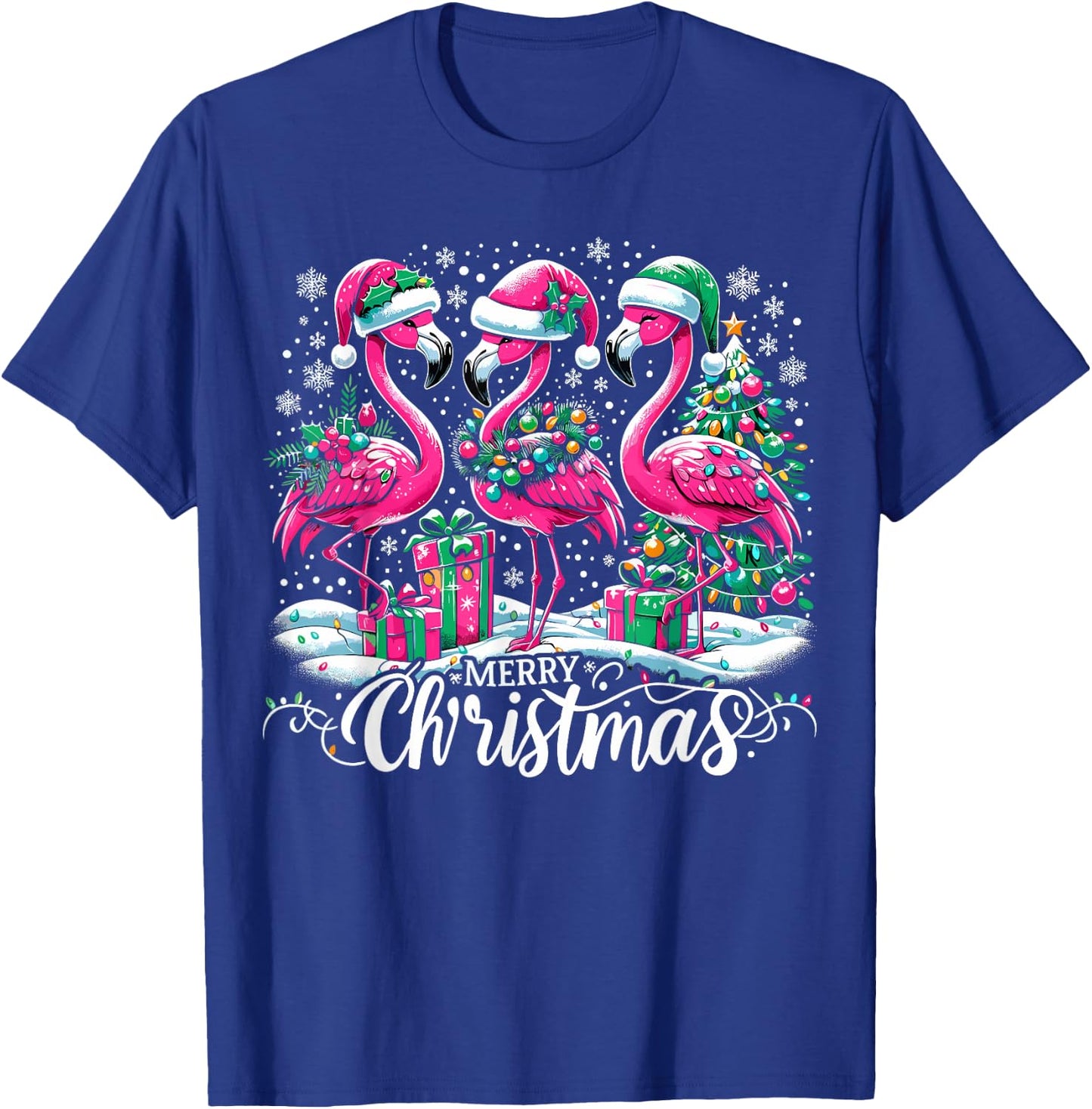 Merry Christmas Hat Santa Flamingo Light Christmas T-Shirt - T-Shirt | Royal