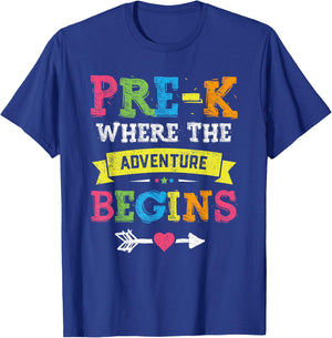 Pre-K Where The Adventure Begins Gift Back To School Teacher T-Shirt - T-Shirt | Royal