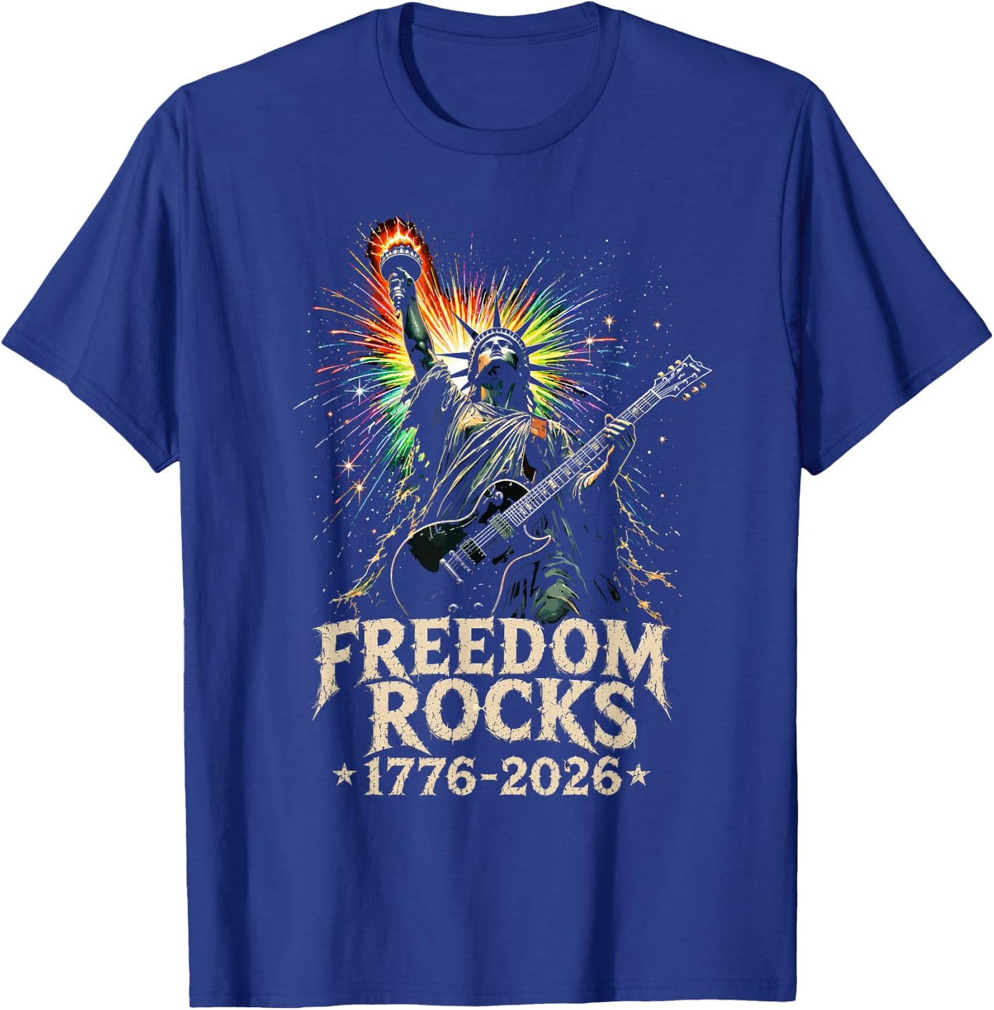 Freedom Rocks Statue of Liberty Guitar 1776-2026 250 Years T-Shirt - T-Shirt | Royal