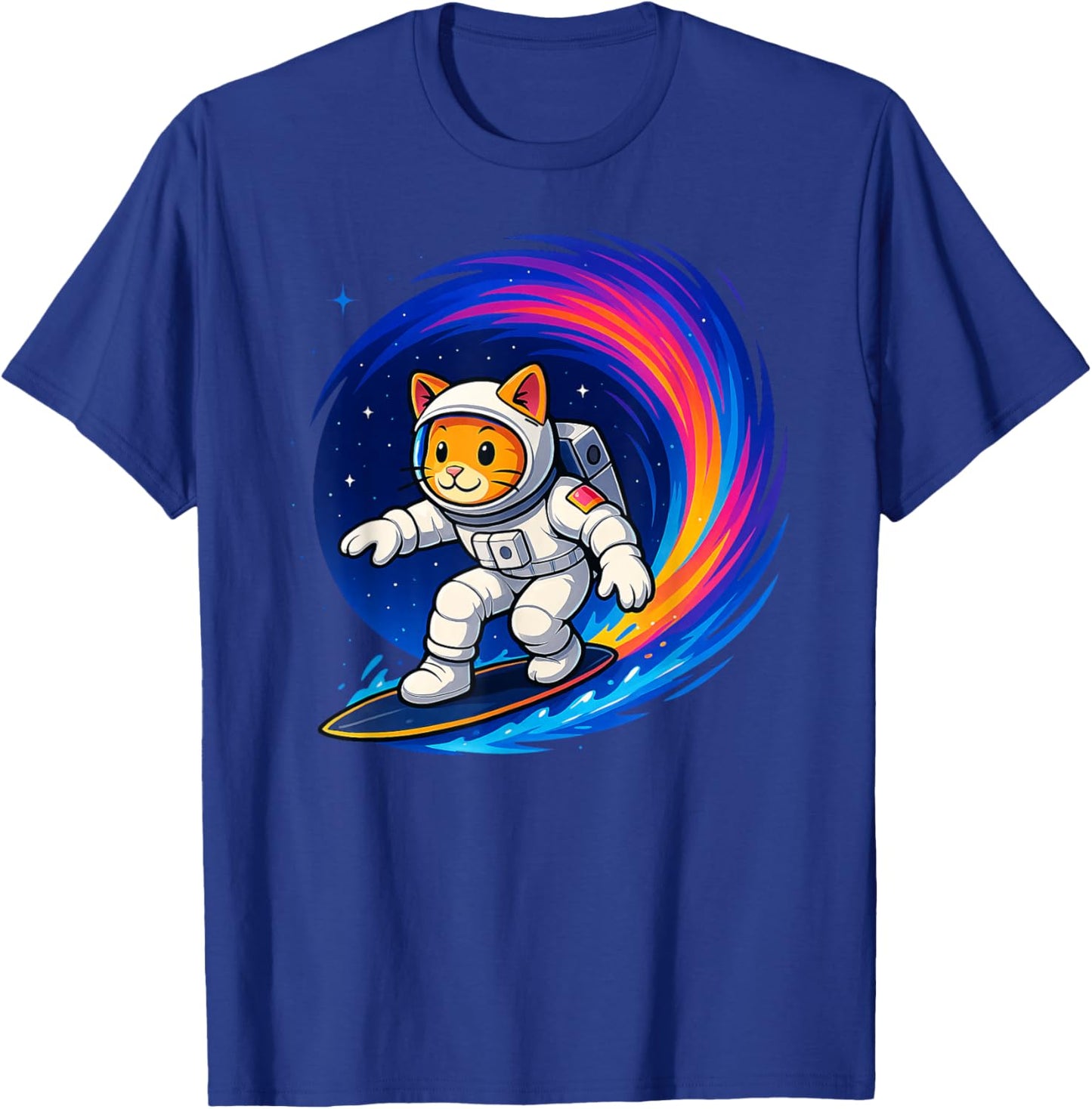 Funny Orange Cat Astronaut Surfing Colorful Rainbow Space T-Shirt - T-Shirt | Royal