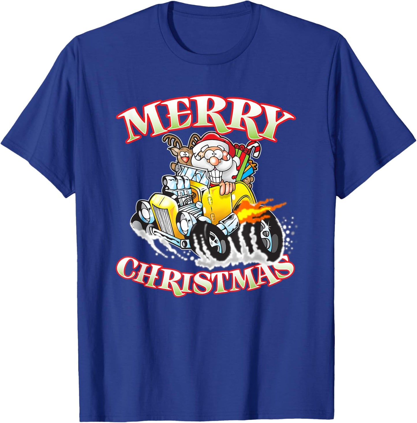 Funny Merry Christmas Santa Reindeer Hot Rod Coupe T-Shirt - T-Shirt | Royal
