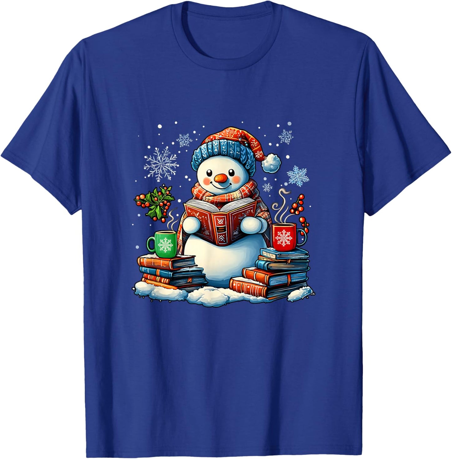 Snowman Reading Book Lovers Christmas Bookworm Librarian T-Shirt - T-Shirt | Royal