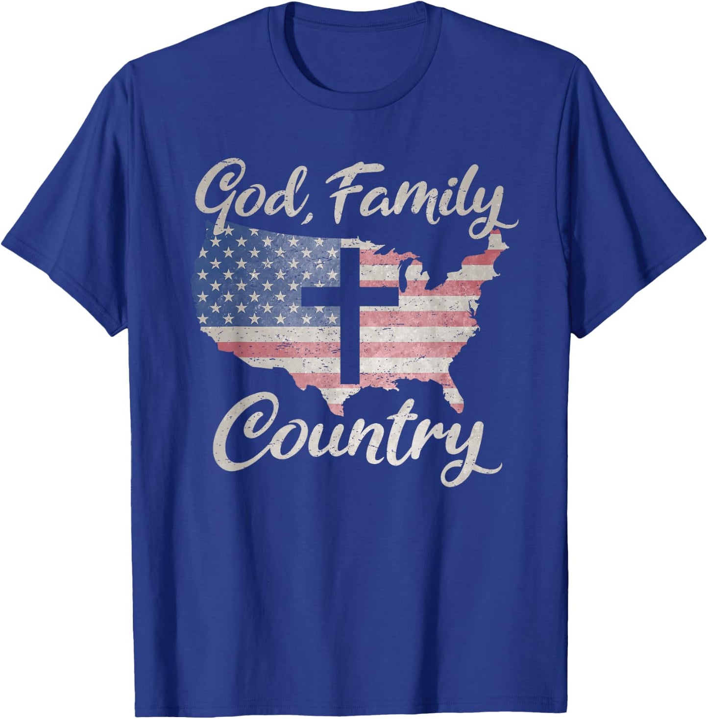 GOD FAMILY COUNTRY Christian Cross Vintage USA American Flag T-Shirt - T-Shirt | Royal