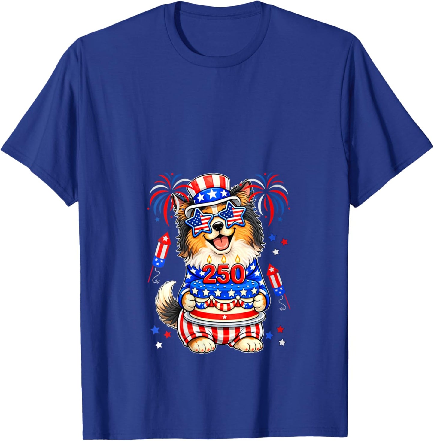 Women's 250 Proud 4th July US Flag Sheltie Sunglasses Birthday Cake V-Neck T-Shirt - T-Shirt | Royal