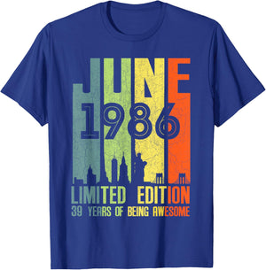 June 1986 39 Birthday 39 Year Old 1986 Birthday Vintage T-Shirt - T-Shirt | Royal