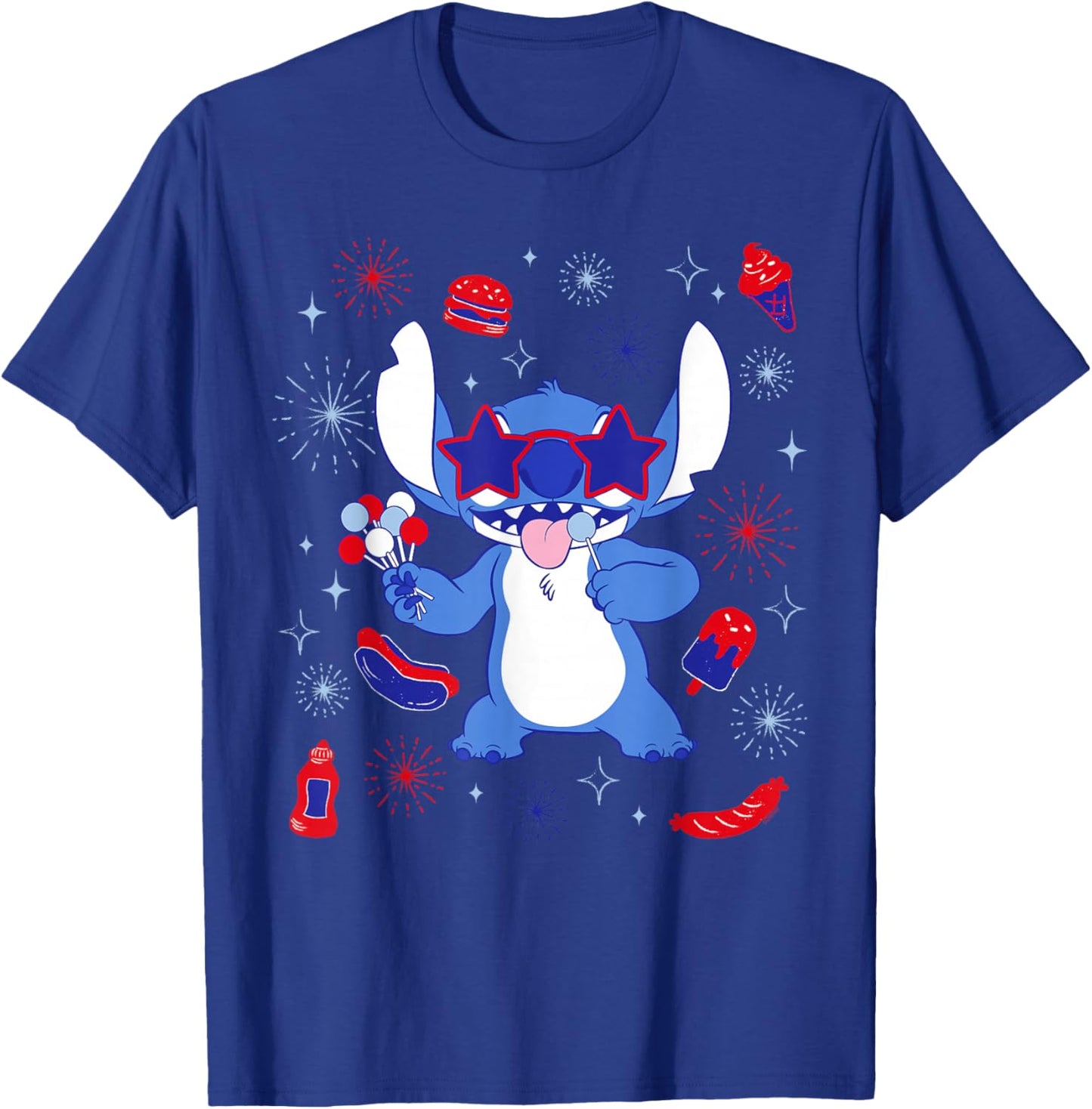 Disney Stitch USA Americana Snacks Collage 4th of July 250th T-Shirt - T-Shirt | Royal