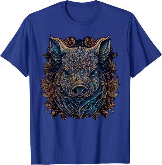 Chinese Zodiac Symbol Boar Animal Pig Astrology , Kids, -Adults, Short Sleeve, Black, Small, Classic Fit, Modern, Graphic, T Back, Cotton 60%, Polyester 40% T-Shirt - T-Shirt | Royal