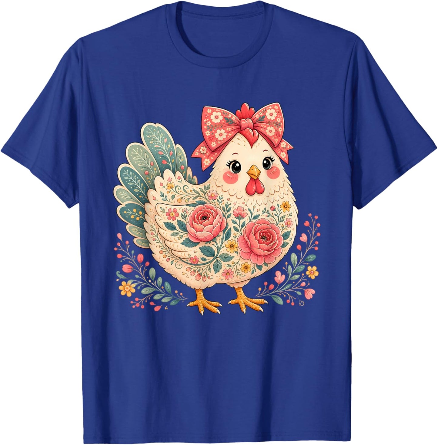 Chicken Lover Girls Women Floral Flower Bow Cute T-Shirt - T-Shirt | Royal