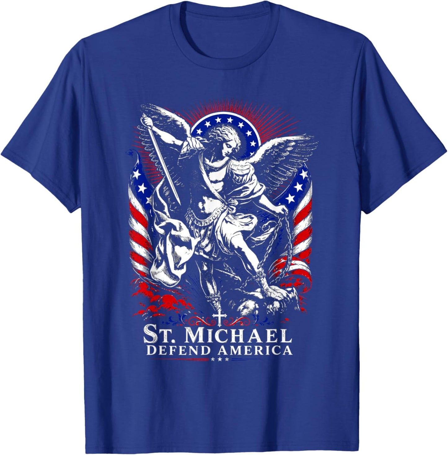 St. Michael Defend America Archangel Patriot USA Flag T-Shirt - T-Shirt | Royal