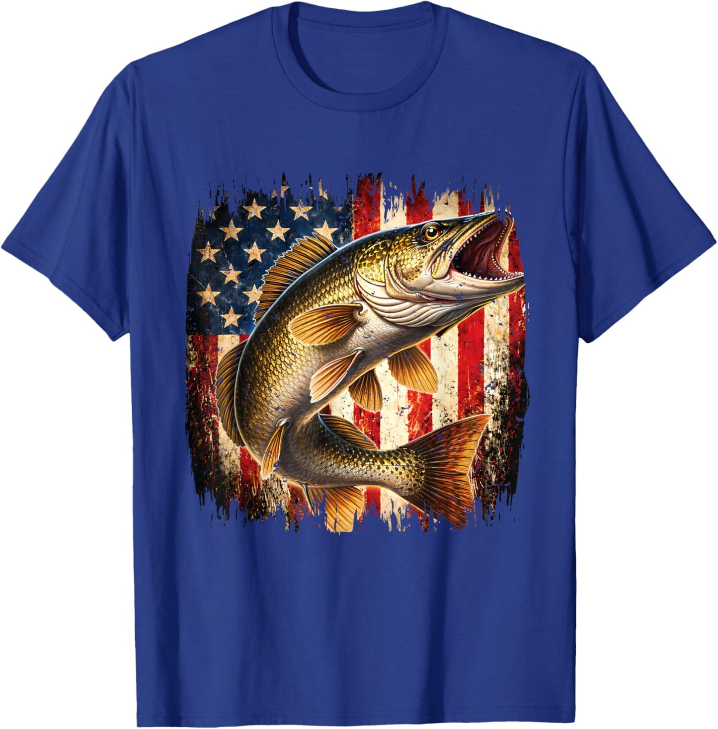 American Flag Walleye Fish Fishing Vintage Fisherman T-Shirt - T-Shirt | Royal