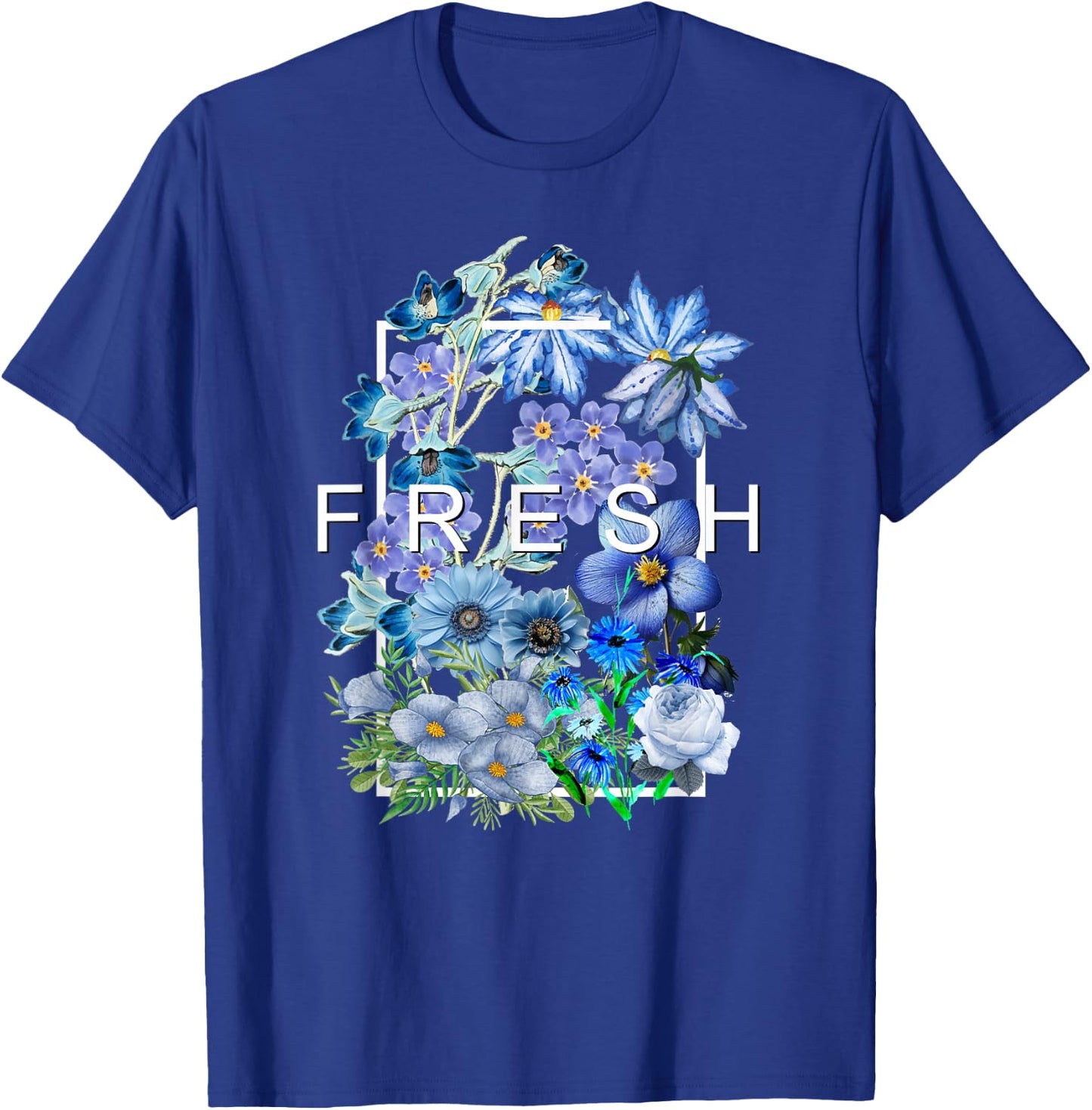 Blue Fresh Bloom Flowers Blue Color Graphic T-Shirt - T-Shirt | Royal